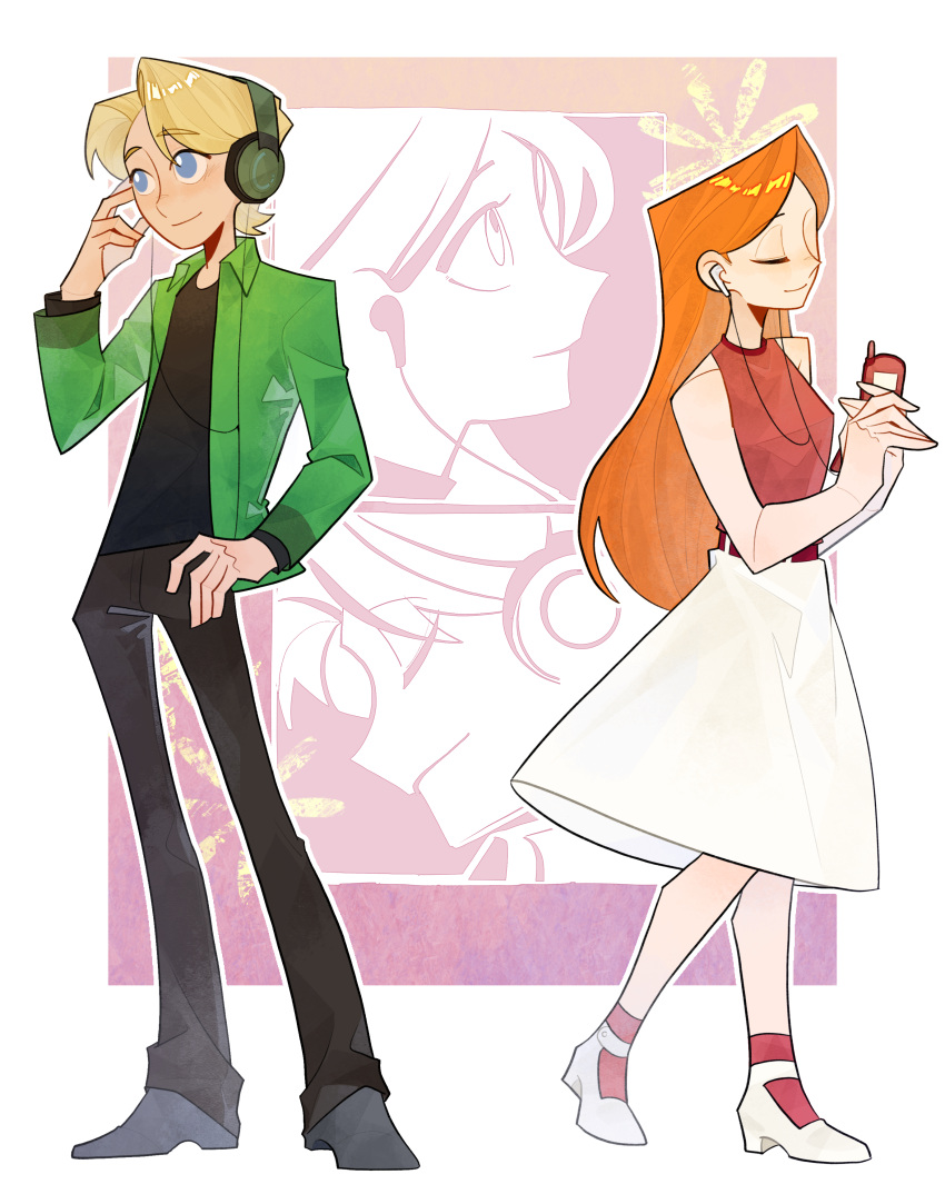 1boy, 1girl, absurdres, ankle_socks, back-to-back, bare_arms, bare_shoulders, belt