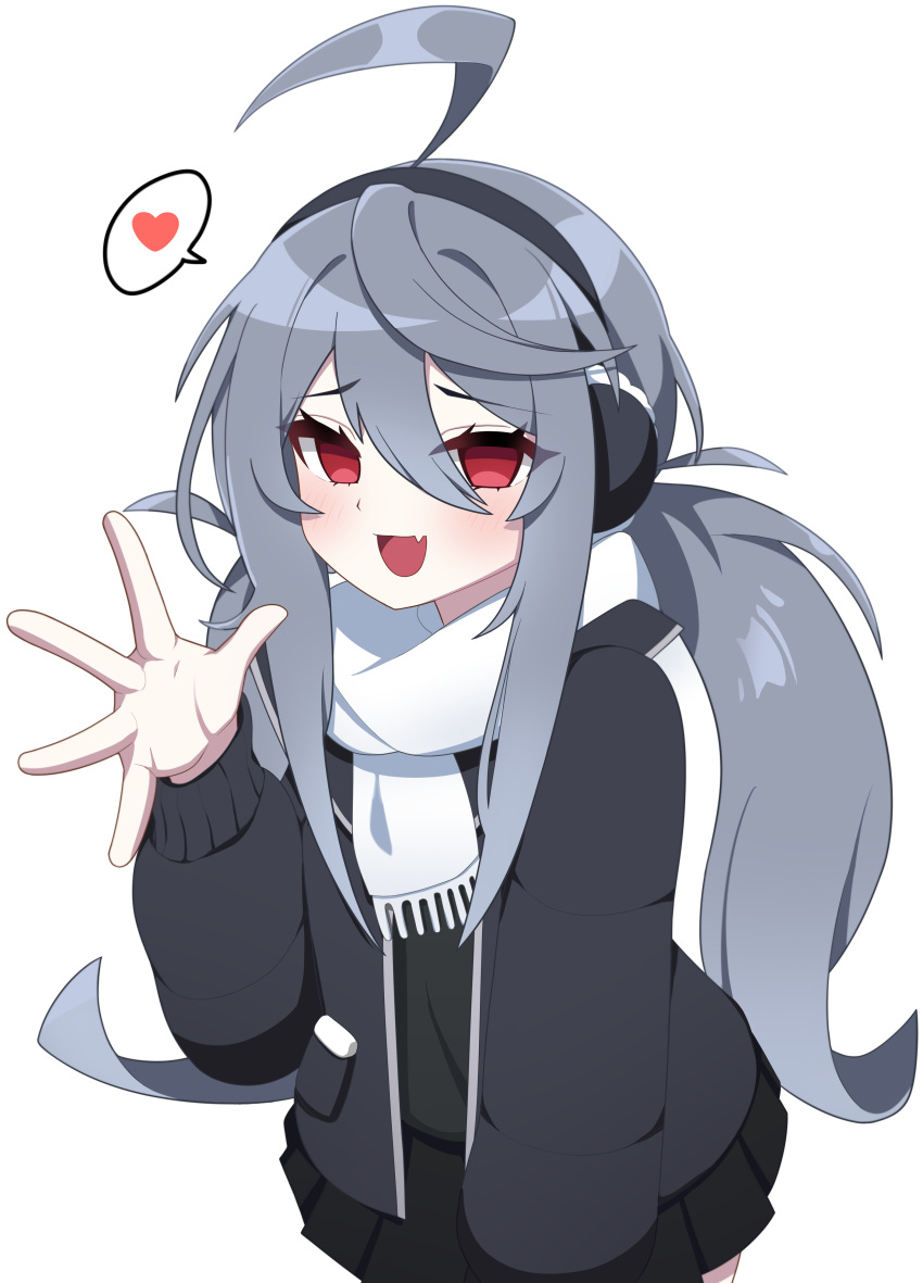 1girl, :d, absurdres, ahoge, black_jacket, black_shirt, black_skirt, black_survival