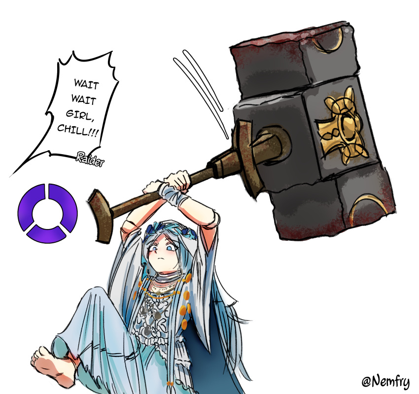 1girl, absurdres, artist_name, barefoot, dress, elden_ring, elden_ring_nightreign, english_text