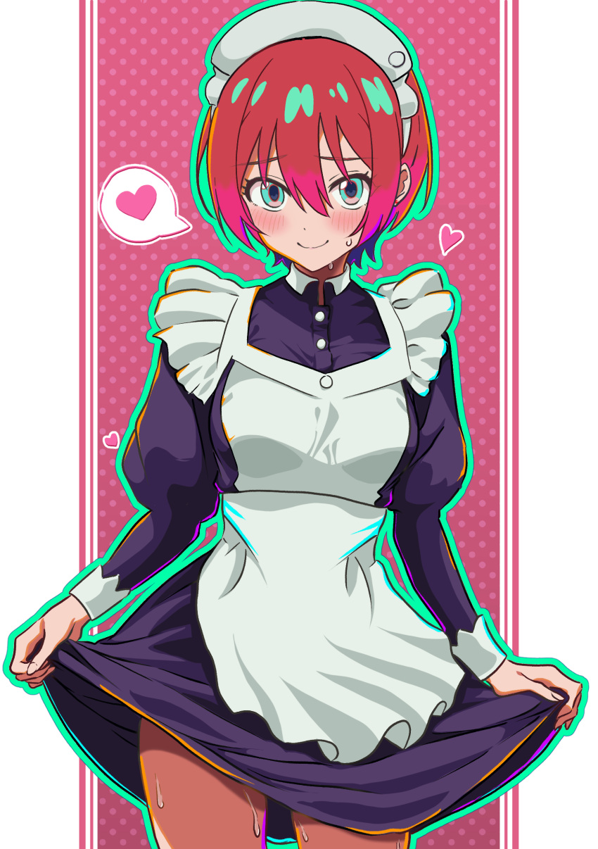 1girl, absurdres, amate_yuzuriha, apron, aqua_eyes, black_dress, blush, breasts, clothes_pull, commentary_request, dress, frilled_apron, frills, gundam, gundam_gquuuuuux, heart, highres, holding, long_sleeves, looking_at_viewer, maid, maid_apron, maid_headdress, nanase_ryo, pulling_own_clothes, red_hair, shirt, short_hair, skirt, skirt_pull, smile, solo, speech_bubble, spoken_heart, white_apron, wrist_cuffs