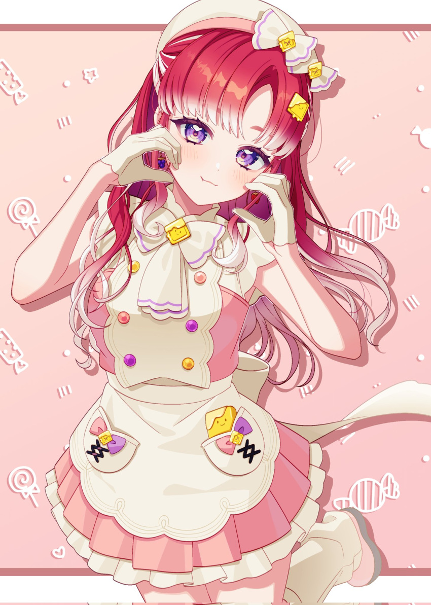 1girl, beret, blush, bow, bowtie, closed_mouth, diamond_hair_ornament, dress, earrings, food-themed_earrings, fruit_earrings, gloves, gradient_hair, hair_ornament, hat, hat_bow, highres, jewelry, long_hair, multicolored_hair, nijisanji, pink_dress, pink_skirt, pochimaru_(marumaru_wanwan), red_hair, saotome_berry, shoes, simple_background, skirt, solo, strawberry_earrings, violet_eyes, virtual_youtuber, white_bow, white_bowtie, white_gloves, white_hair, white_hat