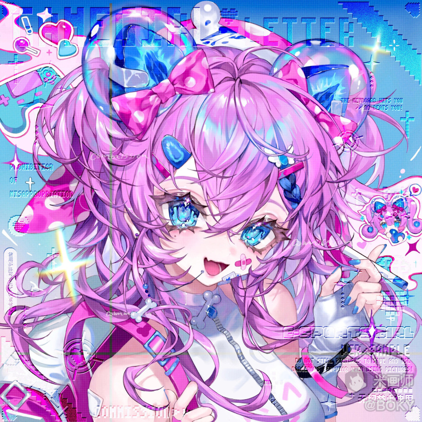 1girl, :d, animal_ears, backpack, bag, bandaid, bandaid_on_face, bandaid_on_nose