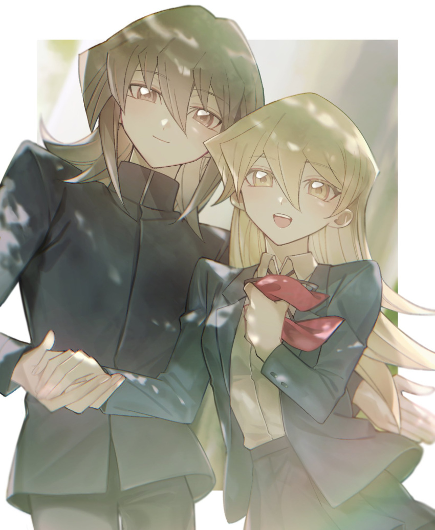 1boy, 1girl, black_jacket, black_pants, black_skirt, blurry, blurry_background, border