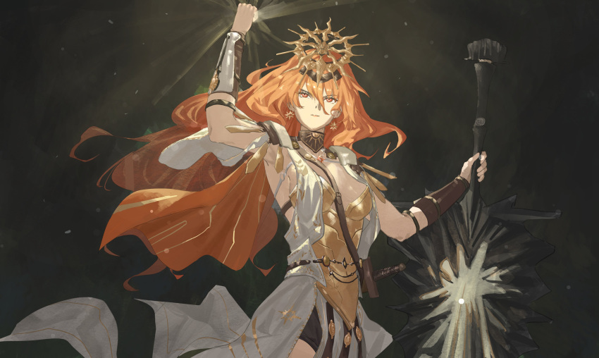 1girl, absurdres, arm_guards, armor, armored_dress, augusta_(wuthering_waves), black_collar, black_shorts, breastplate, breasts, closed_mouth, collar, dress, earrings, floating_earrings, greatsword, hand_up, headgear, highres, holding, holding_sword, holding_weapon, jewelry, liro, long_hair, pelvic_curtain, red_eyes, red_hair, shorts, solo, sword, weapon, white_dress, wuthering_waves