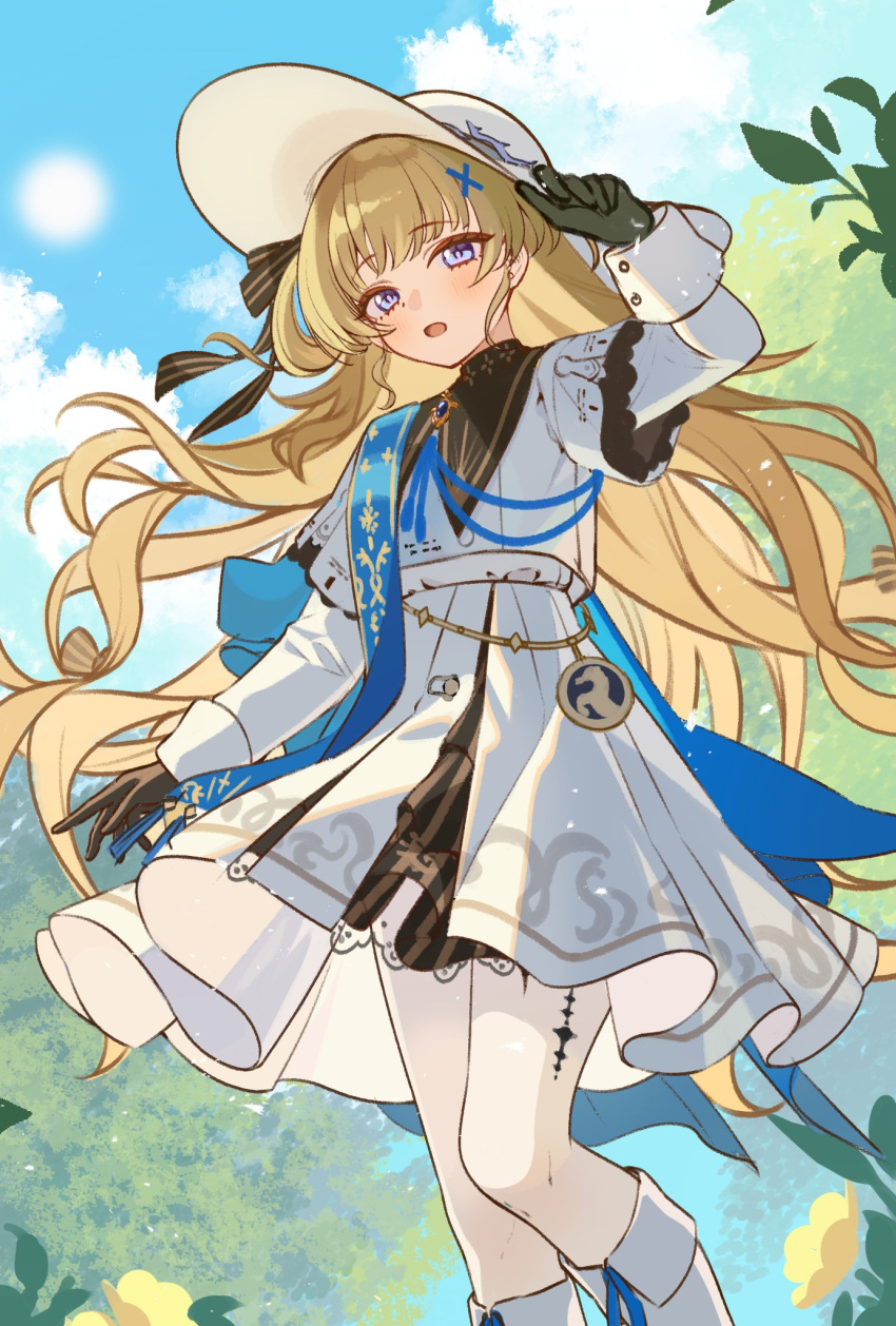 1girl, black_gloves, blonde_hair, blue_sky, boots, camunekoz, clouds, cloudy_sky
