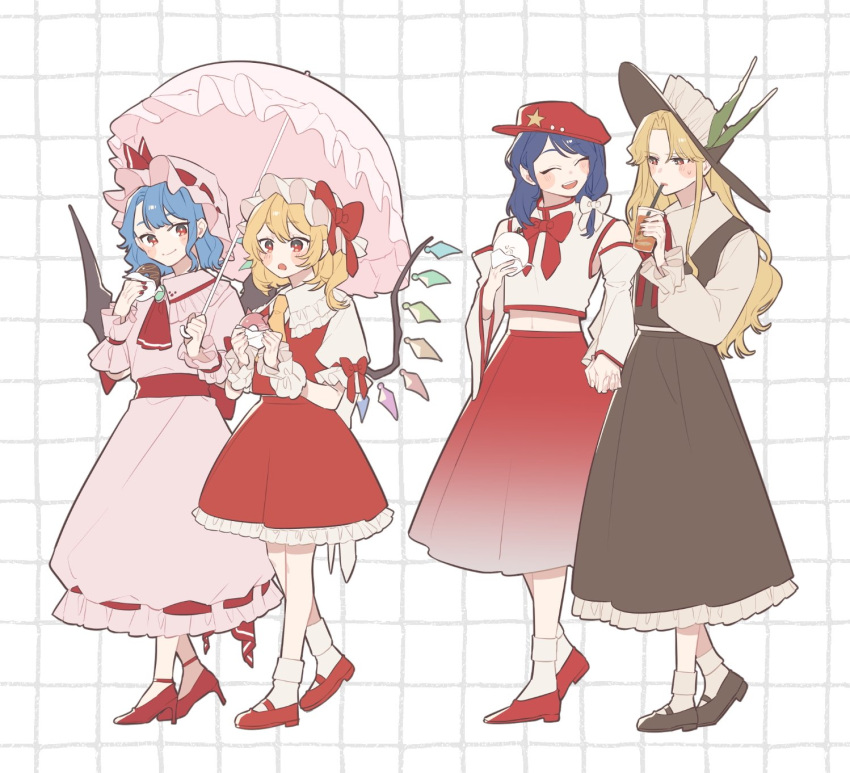 4girls, :d, :o, ascot, bat_wings, black_hat, black_shoes, black_skirt