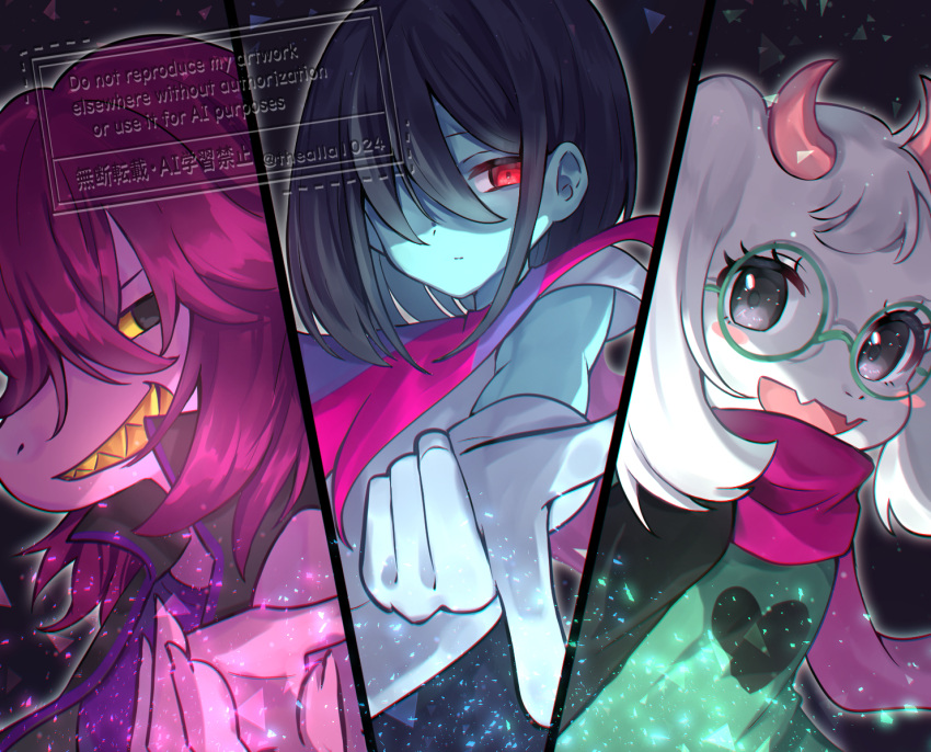 1boy, 1girl, 1other, animal_ears, black_eyes, blue_hair, blue_skin, colored_sclera