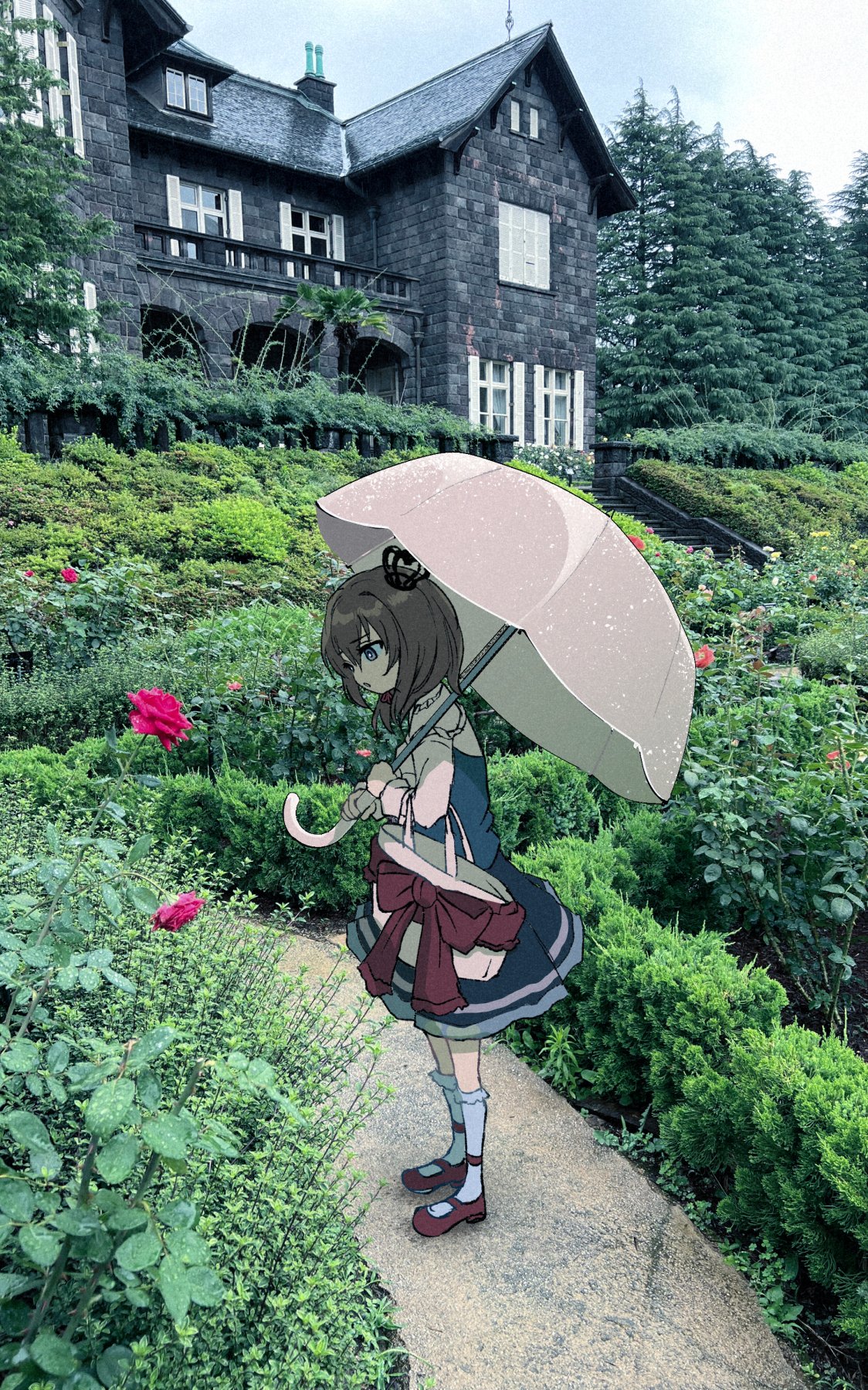 1girl, bag, black_corset, black_skirt, black_socks, brown_hair, bush, corset, crown, day, flower, handbag, highres, holding, holding_umbrella, kneehighs, long_sleeves, mansion, mary_janes, mini_crown, outdoors, parasol, photo_background, pink_shirt, prprpkpy, red_shoes, rose, shirt, shoes, short_hair, skirt, sky, socks, solo, umbrella, umineko_no_naku_koro_ni, ushiromiya_maria, violet_eyes, wide_shot