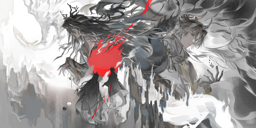 2boys, absurdres, arknights, black_gloves, black_hair, board_game, chess, chongyue_(arknights)