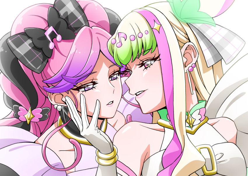 2girls, absurdres, bare_shoulders, blonde_hair, blunt_bangs, blush, braid, center-flap_bangs