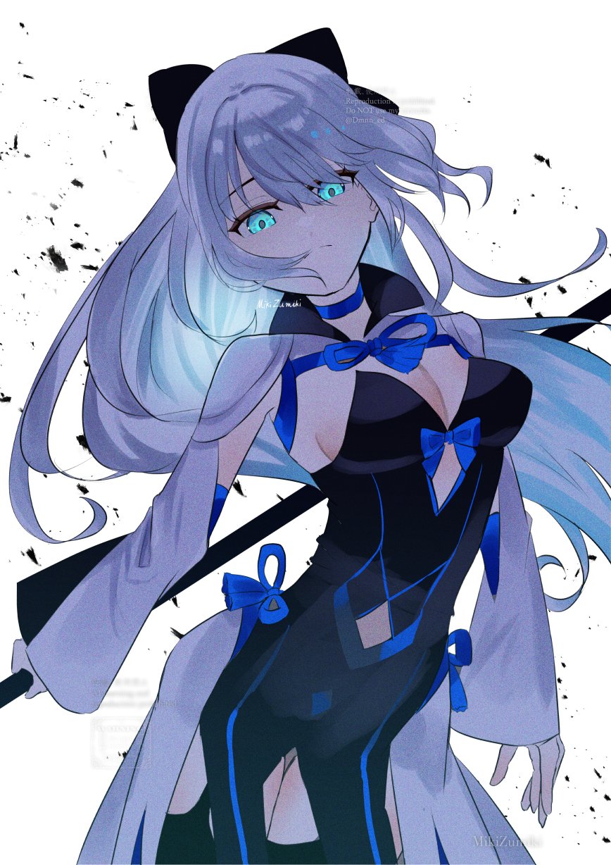 1girl, black_bow, blue_eyes, bow, fate/grand_order, fate_(series), hair_between_eyes, hair_bow