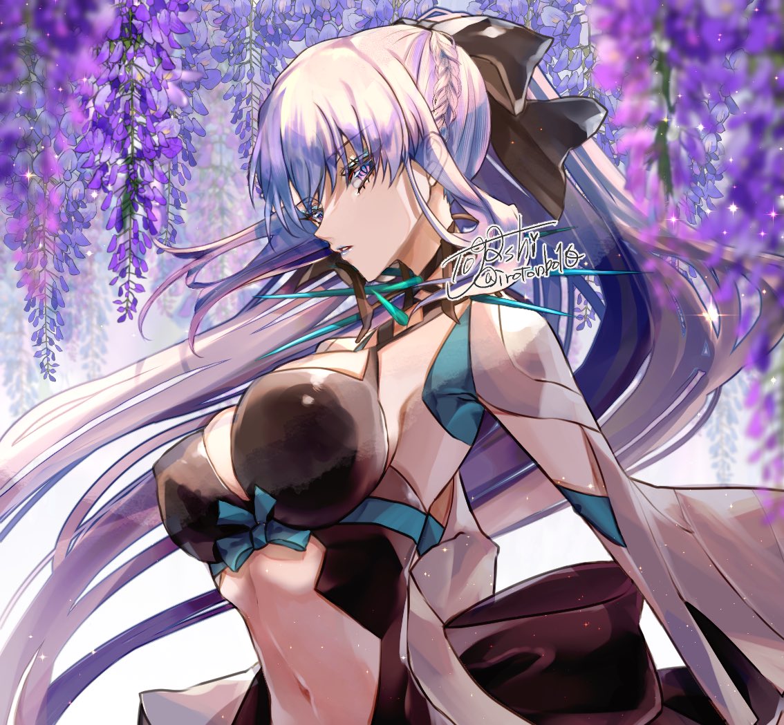 1girl, artist_name, black_bow, blue_eyes, bow, braid, fate/grand_order, fate_(series), hair_between_eyes, hair_bow, long_hair, looking_at_viewer, morgan_le_fay_(fate), ponytail, side_braid, solo, spikes, togashi_(choco-bakama_kitchen), white_hair