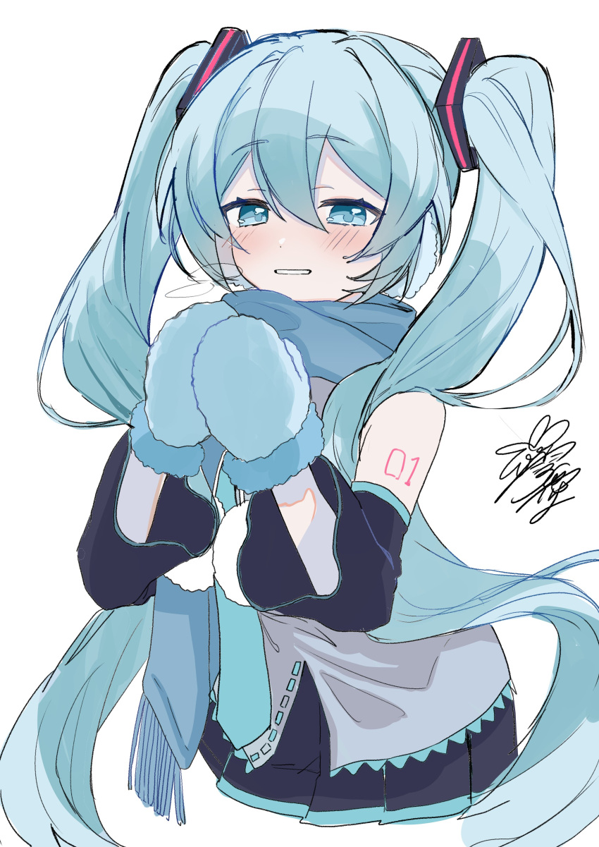 1girl, absurdres, black_skirt, black_sleeves, blue_eyes, blue_hair, blue_mittens, blue_necktie