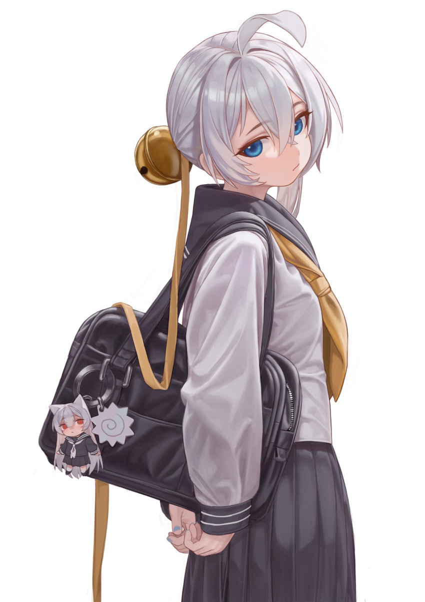 1girl, ahoge, arms_behind_back, bag, black_bag, black_sailor_collar, black_skirt, blue_eyes, blue_nails, closed_mouth, commentary, cowboy_shot, expressionless, from_side, grey_hair, hair_between_eyes, head_tilt, highres, huge_ahoge, long_sleeves, looking_at_viewer, looking_to_the_side, nail_polish, naruto_maki_(naruto05), neckerchief, original, pleated_skirt, sailor_collar, school_bag, school_uniform, serafuku, shirt, shoulder_bag, skirt, solo, white_shirt, yellow_neckerchief