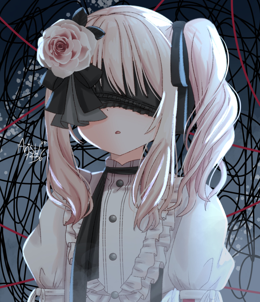 1girl, 25-ji_nightcord_de._(project_sekai), akiyama_mizuki, arisuuuuu.1436, blindfold, flower, frills, highres, keikyoku_no_machi_wa_doko_e_(project_sekai), kurai_heya, one_side_up, project_sekai, rose