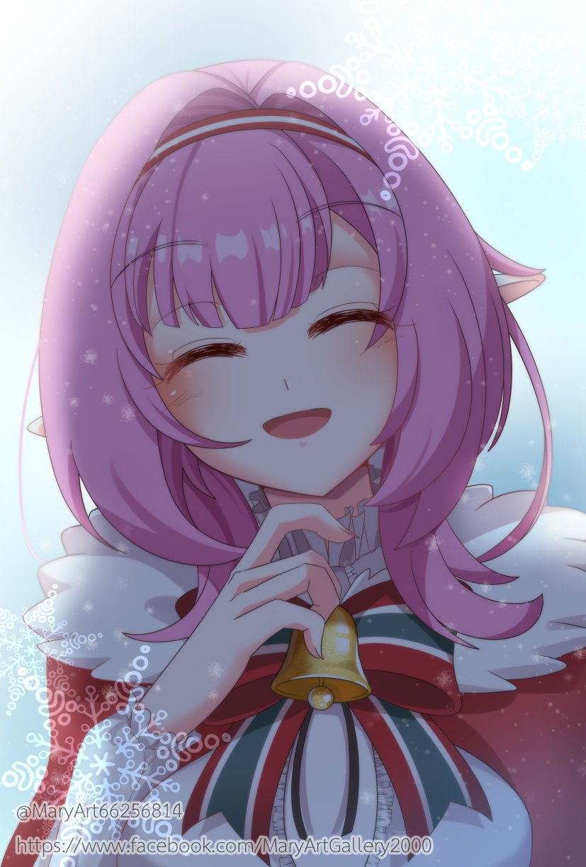 1girl, alternate_costume, bell, coat, commentary, elf, elysia_(honkai_impact), english_commentary