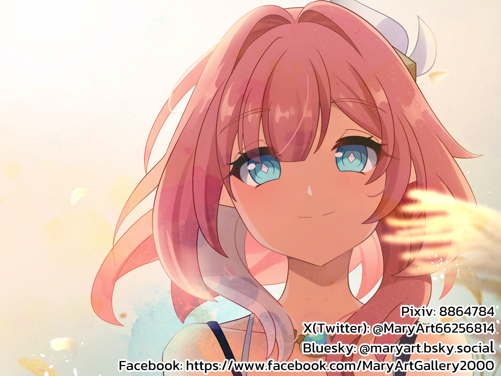 1girl, blue_eyes, bluesky_username, collarbone, commentary, cyrene_(honkai:_star_rail), english_commentary, facebook_username