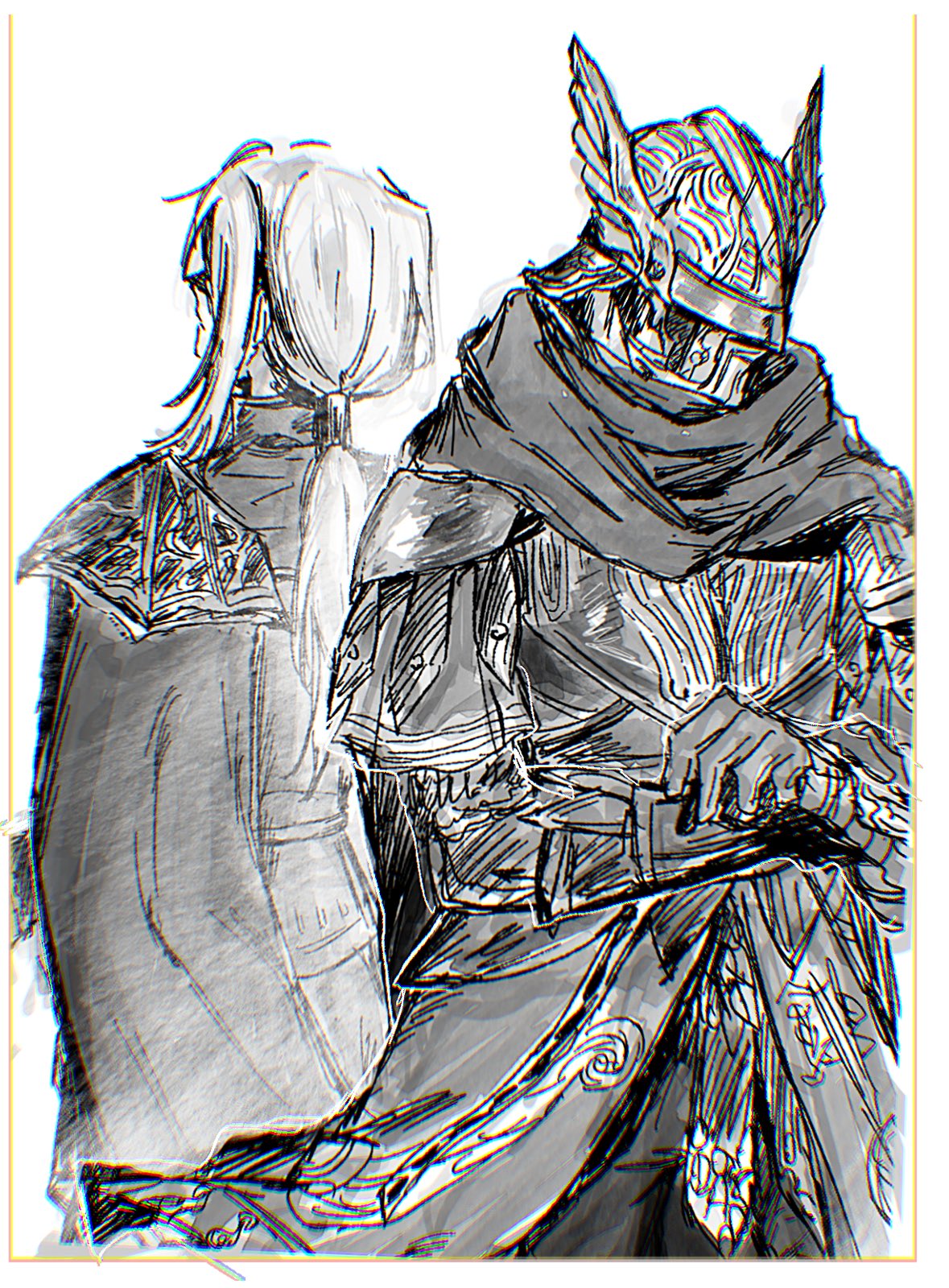1boy, 1girl, armor, blindfold, brother_and_sister, coat, duchess_(elden_ring), elden_ring