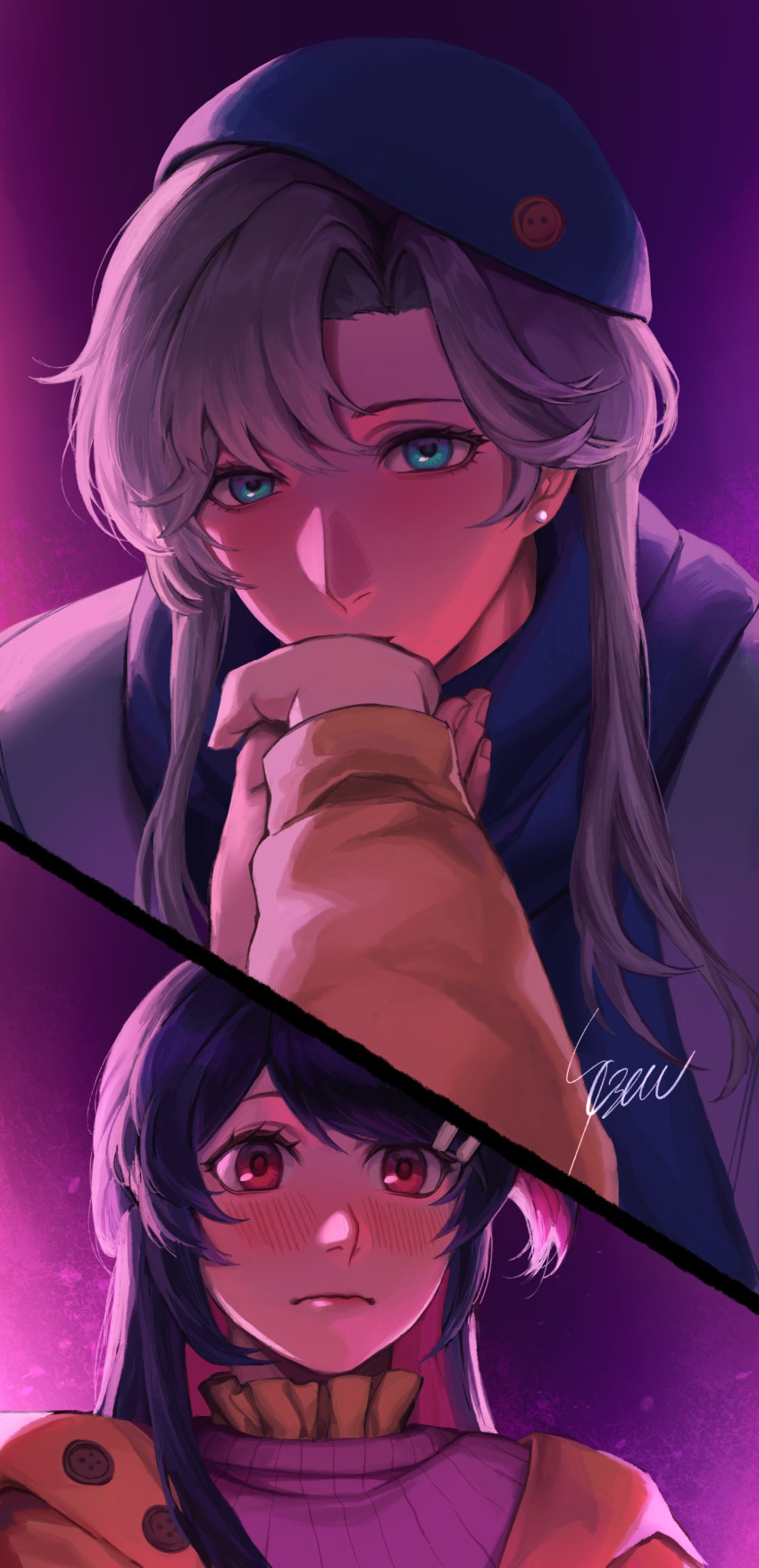 2girls, absurdres, blue_eyes, blue_hat, blush, closed_mouth, commentary, earrings