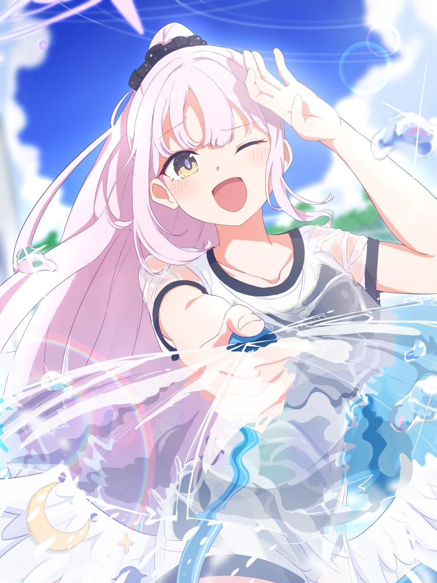 1girl, absurdres, black_scrunchie, blue_archive, blush, feather_hair_ornament, feathers, hair_ornament, hair_scrunchie, highres, holding, holding_hose, hose, looking_at_viewer, mika_(blue_archive), mika_(track)_(blue_archive), not_seven777, official_alternate_costume, official_alternate_hairstyle, one_eye_closed, open_mouth, pink_hair, ponytail, scrunchie, see-through_clothes, see-through_shirt, shirt, short_sleeves, solo, swimsuit, swimsuit_under_clothes, t-shirt, wet, wet_clothes, wet_shirt, white_shirt, yellow_eyes