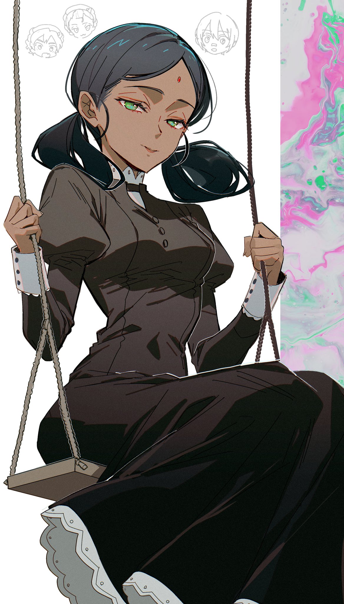 4girls, amate_yuzuriha, bindi, black_hair, breasts, brown_dress, buttons, chibi