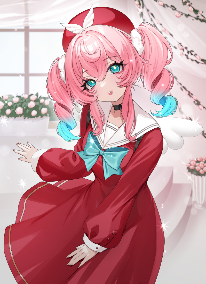 1girl, absurdres, alternate_costume, angel_wings, aqua_bow, aqua_bowtie, aqua_eyes, aqua_hair, black_choker, bow, bowtie, breasts, choker, commentary, dress, hat, highres, honkai:_star_rail, honkai_(series), hyacine_(honkai:_star_rail), indoors, looking_at_viewer, medium_hair, multicolored_hair, nemuaki, pink_hair, plant, potted_plant, red_dress, red_hat, small_breasts, solo, symbol-only_commentary, two-tone_hair, wings