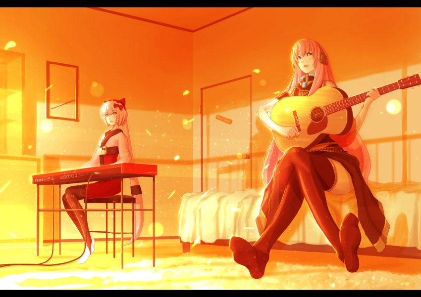 acoustic_guitar, bed, crossed_legs, guitar, instrument, keyboard_(instrument), leggings, letterboxed, magzz, megurine_luka, multiple_girls, music, nekomura_iroha, orange, orange_(color), room, sitting, thighhighs, vocaloid