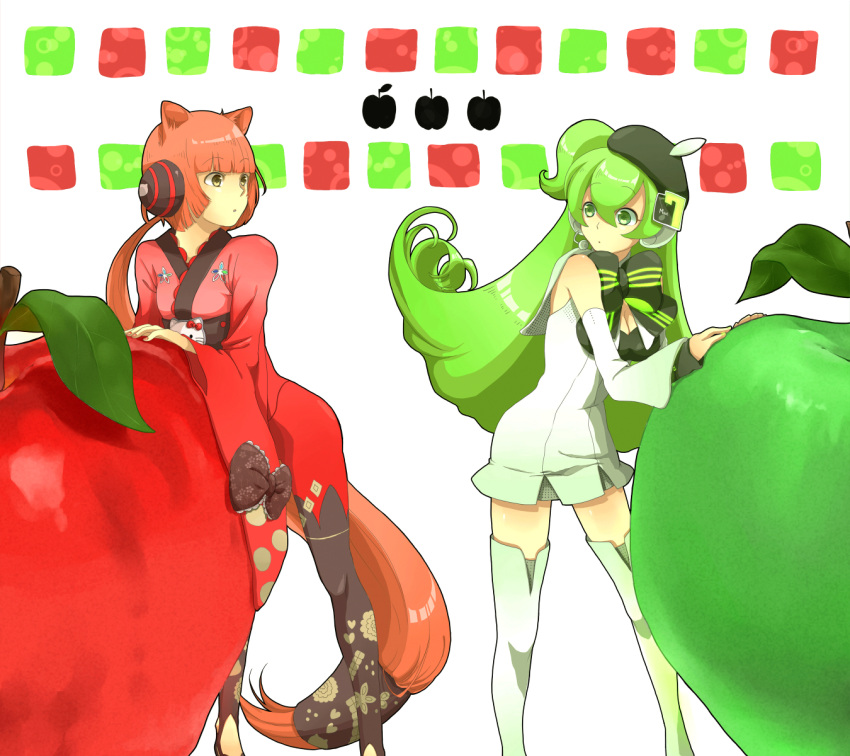 apple, creamyya, dress, food, fruit, green, highres, long_hair