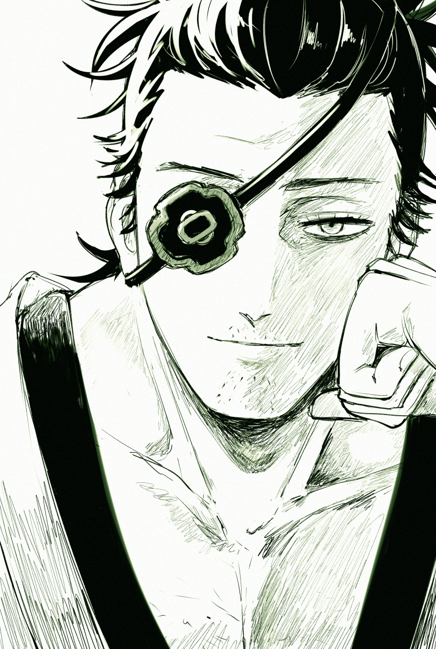 1boy, absurdres, black_clover, eyepatch, facial_hair, goatee_stubble, hair_pulled_back, half-closed_eyes
