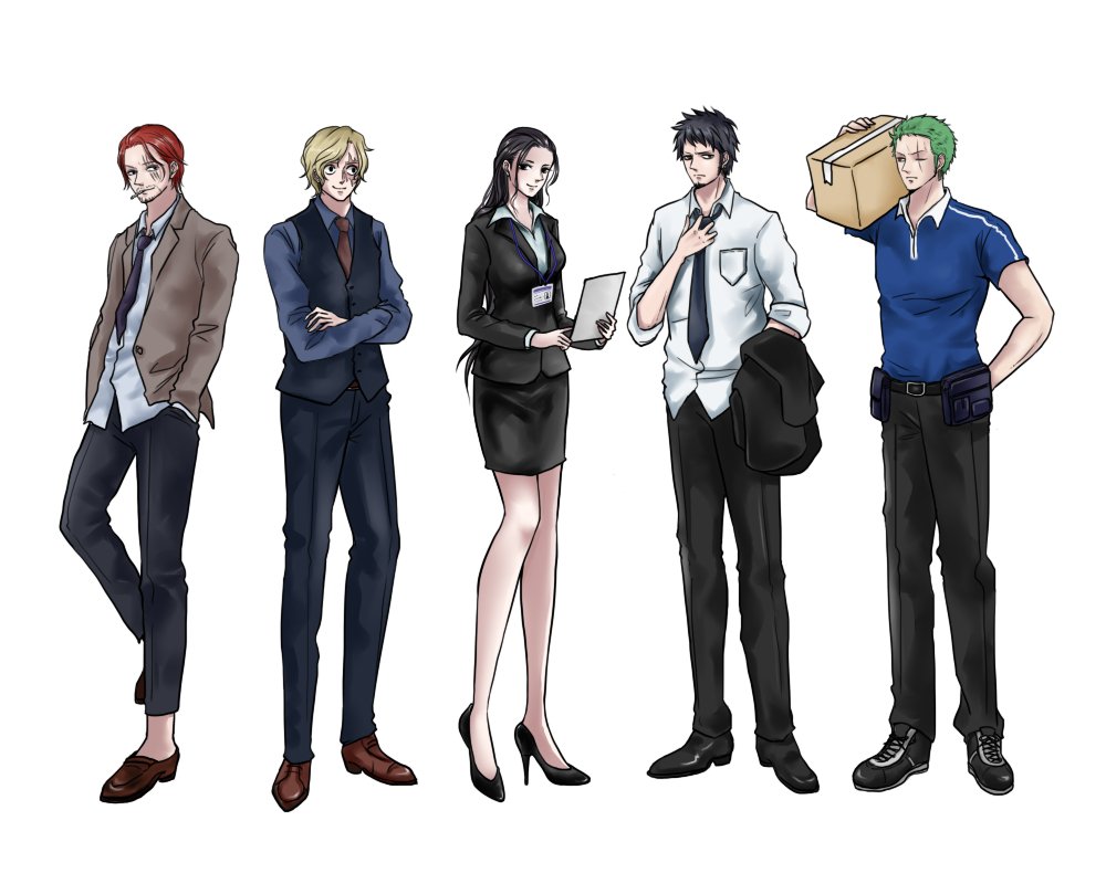 1girl, 4boys, belt_pouch, black_hair, black_pants, black_shoes, black_skirt, blonde_hair
