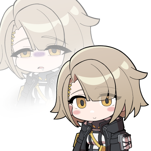 1girl, black_jacket, blush_stickers, chibi, closed_mouth, commentary_request, drooling, girls'_frontline_2:_exilium, girls_frontline, grey_hair, hair_ornament, hairpin, jacket, light_smile, lowres, lunatic_club, multiple_hairpins, multiple_views, open_clothes, open_jacket, parted_lips, short_hair, simple_background, upper_body, vector_(girls'_frontline), vector_(girls'_frontline_2), white_background, yellow_eyes