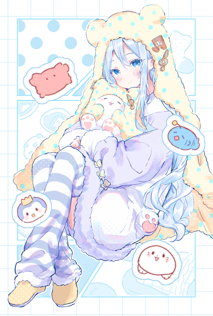 1girl, animal, animal_ears, animal_hug, beamed_sixteenth_notes, bear_ears, bird, blue_background