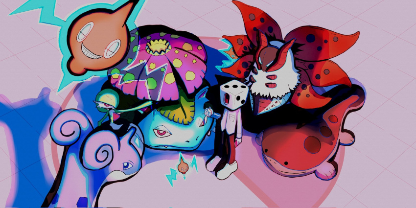 ._., 1girl, 1other, amejimai, arm_at_side, arm_up, black_eyes, black_pants, blue_eyes, bob_cut, breast_pocket, bright_pupils, clodsire, closed_eyes, closed_mouth, colored_skin, commentary, dice, electricity, facing_viewer, fang, fang_out, flat_chest, floating, flower, from_above, full_body, gardevoir, green_hair, green_skin, grid_background, grin, hair_over_one_eye, half-closed_eyes, happy, highres, holding, holding_poke_ball, lapras, looking_back, looking_up, multicolored_skin, object_head, one_eye_covered, original, outstretched_arm, pants, peeking_out, pink_flower, pocket, poke_ball, pokemon, pokemon_(creature), premier_ball, red_eyes, rotom, rotom_(normal), shirt, shoes, short_hair, sideways_mouth, smile, standing, teeth, two-tone_skin, venusaur, volcarona, white_pupils, white_shirt, white_shoes, white_skin