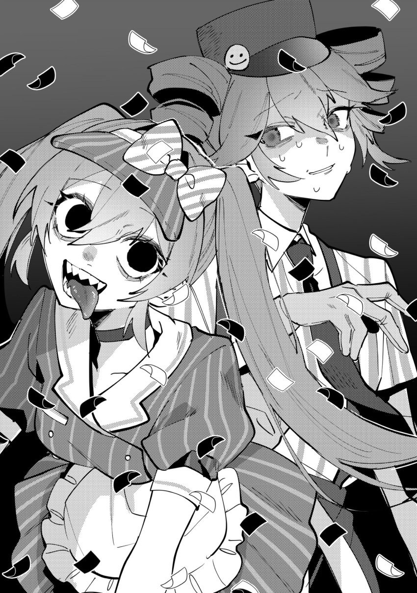 2girls, a218930, alternate_costume, apron, black_necktie, bow, breasts, choker