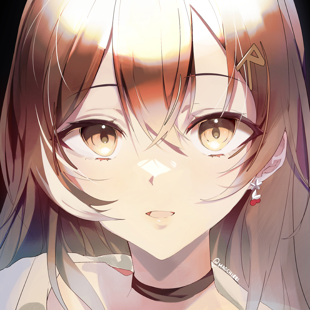 1girl, berry, black_background, black_choker, brown_eyes, brown_hair, brown_hoodie, choker, close-up, crossed_bangs, earrings, food-themed_earrings, hair_ornament, hairclip, hololive, hololive_english, hood, hoodie, jewelry, long_hair, looking_at_viewer, macchirei, multicolored_hair, nanashi_mumei, nanashi_mumei_(casual), open_mouth, portrait, streaked_hair, virtual_youtuber