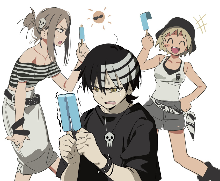 1boy, 2girls, belt, betti_(xx_betti), black_belt, black_hair, black_shirt, blonde_hair