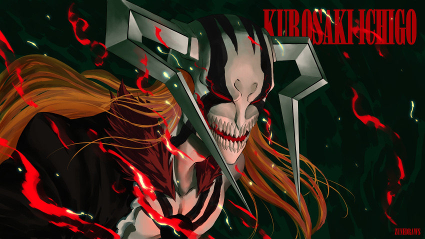 1boy, absurdres, artist_name, bleach, character_name, colored_skin, highres, hollow_(bleach), hollow_ichigo, hollow_mask, horns, kurosaki_ichigo, long_hair, male_focus, orange_hair, red_eyes, solo, white_skin, zunedraws
