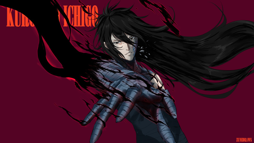 1boy, absurdres, artist_name, bandaged_arm, bandaged_chest, bandaged_neck, bandages, black_eyes