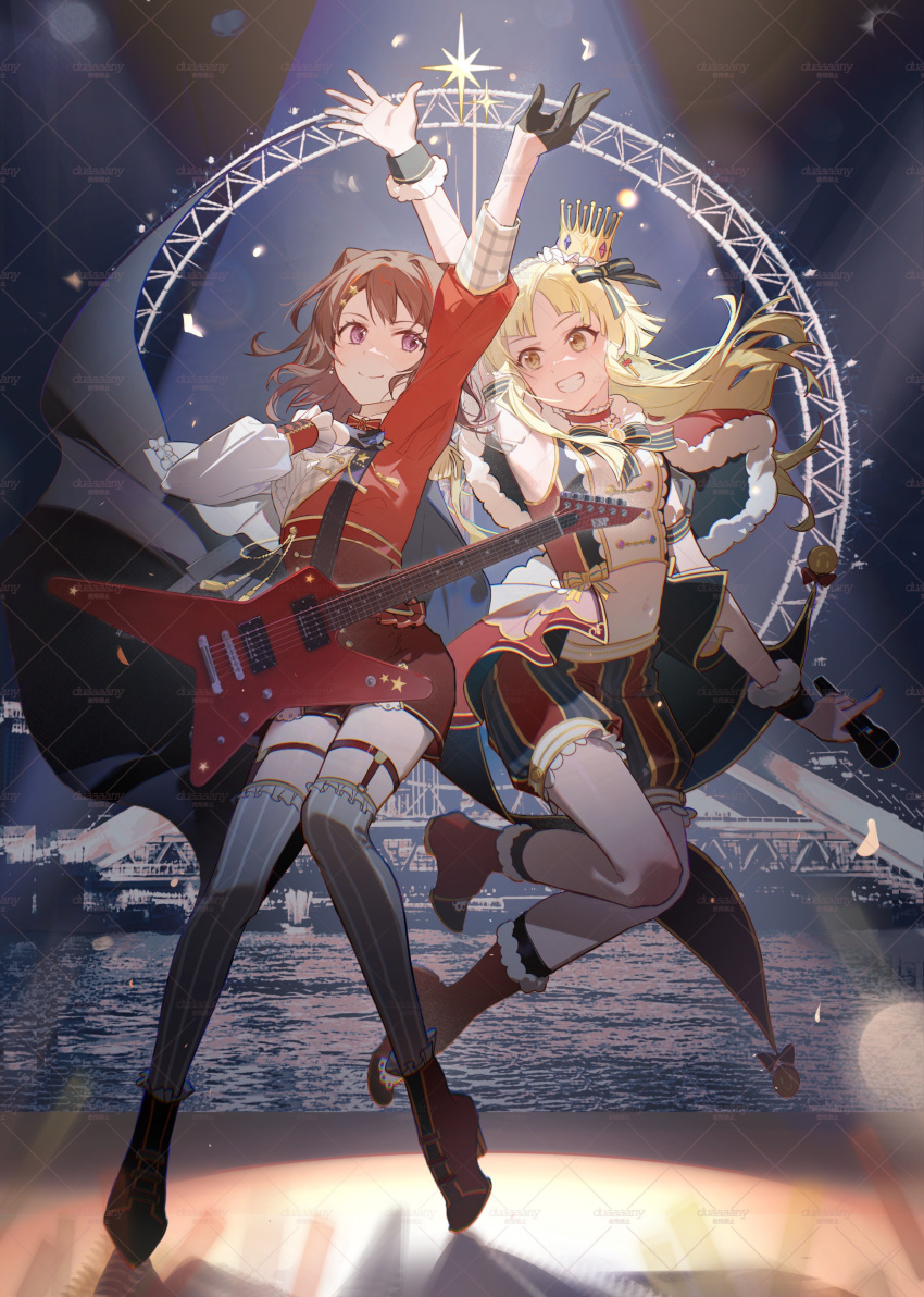 2girls, absurdres, ankle_socks, arm_up, armpits, bang_dream!, bare_shoulders, black_bow