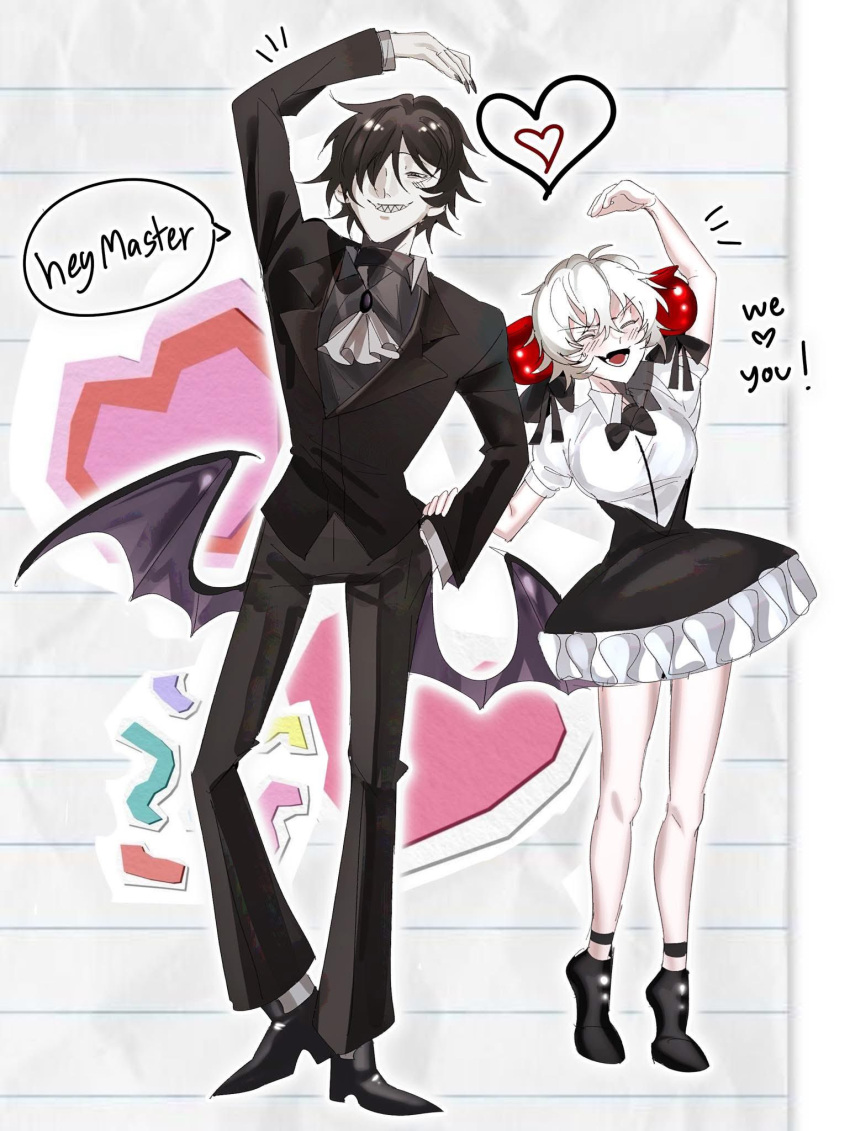 1boy, 1girl, apple_hair_ornament, black_bow, black_bowtie, black_dress, bow, bowtie