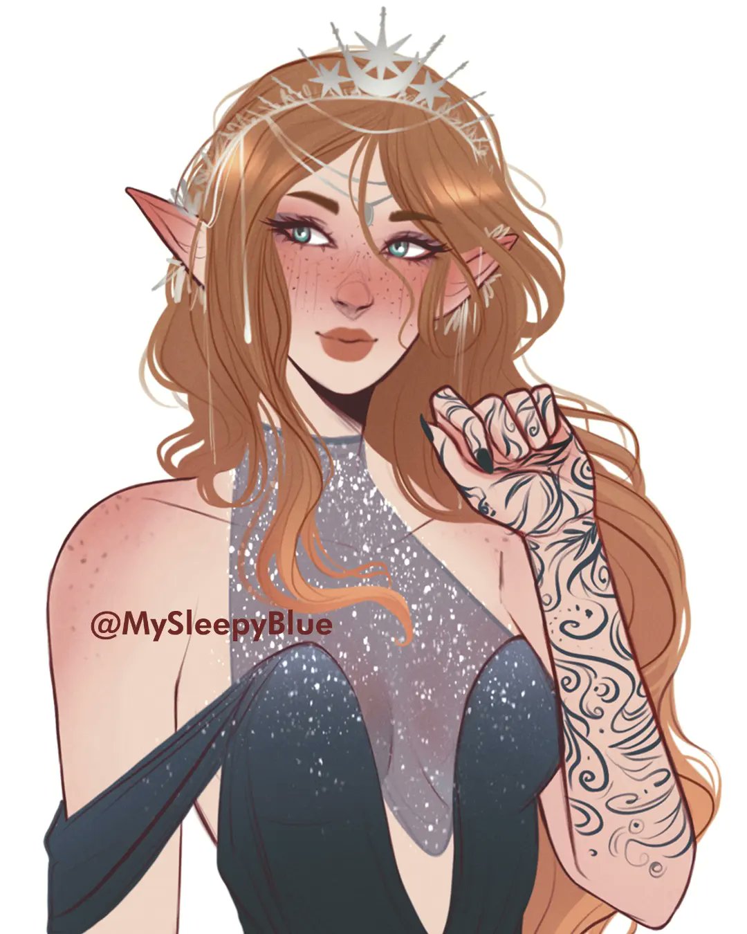 1girl, a_court_of_thorns_and_roses_(series), arm_tattoo, bare_shoulders, black_nails, blush, brown_hair, circlet