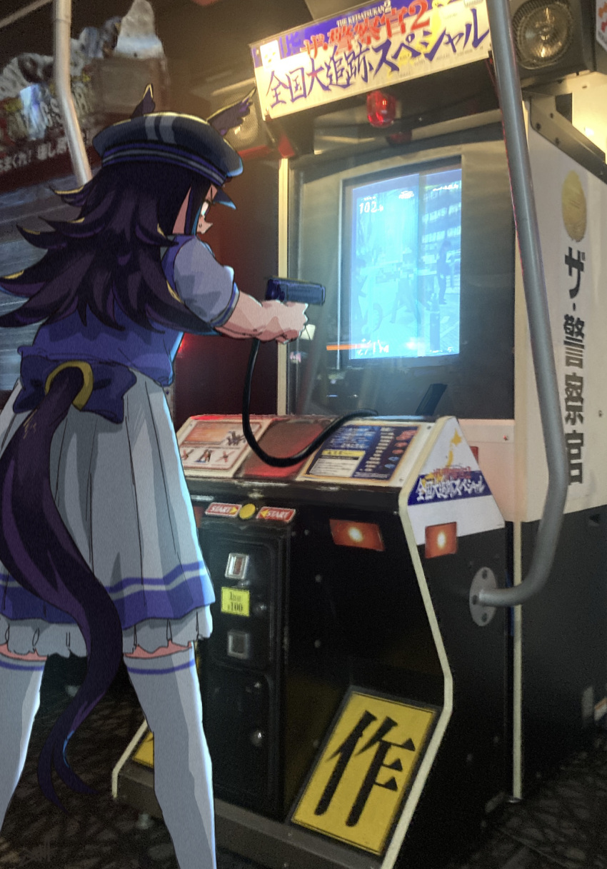 1girl, 4me_4ma, aiming, animal_ears, arcade, arcade_cabinet, commentary_request, ears_through_headwear