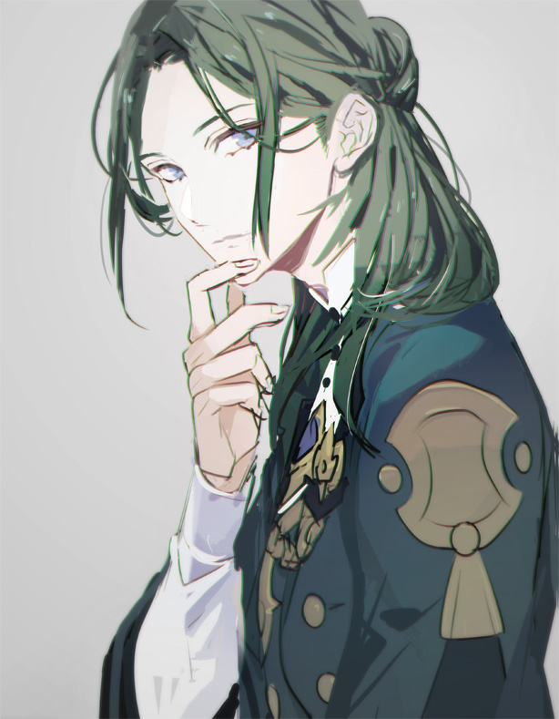 1boy, arm_up, blue_eyes, blue_jacket, buttons, closed_mouth, curtained_hair, fingernails