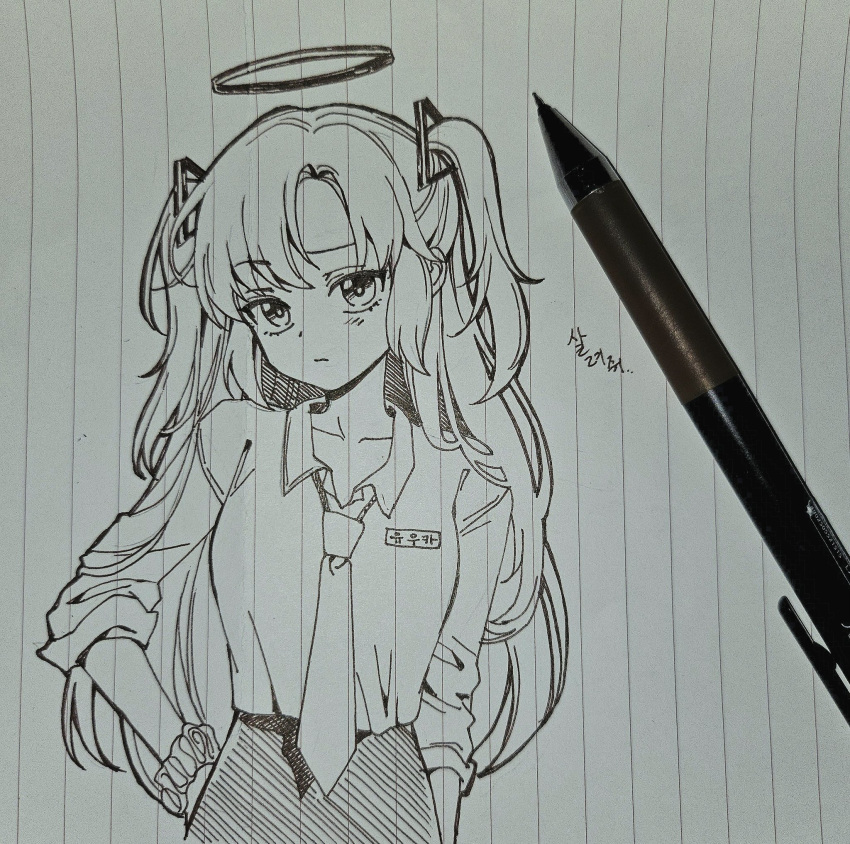1girl, black_halo, blue_archive, collarbone, collared_shirt, ddungddang, hair_ornament, halo, hand_on_own_hip, highres, long_hair, mechanical_halo, necktie, shirt, solo, traditional_media, translation_request, triangle_hair_ornament, yuuka_(blue_archive)