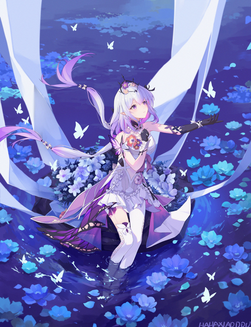 1girl, absurdres, asymmetrical_gloves, black_gloves, black_tiara, breasts, bug, butterfly, castorice_(honkai:_star_rail), chinese_commentary, commentary_request, dress, elbow_gloves, flower, gloves, hahaxiaodou, hair_flower, hair_ornament, highres, honkai:_star_rail, honkai_(series), long_hair, medium_breasts, pantyhose, pointy_ears, purple_hair, single_leg_pantyhose, single_thighhigh, solo, thigh-highs, tiara, uneven_gloves, violet_eyes, wading, white_dress, white_pantyhose, white_thighhighs