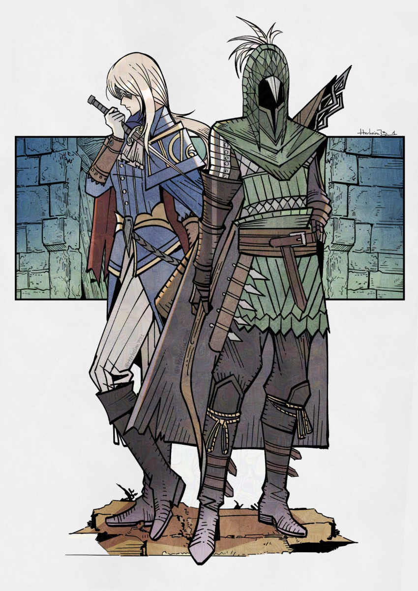 1boy, 1girl, armor, belt, blindfold, blonde_hair, blue_jacket, boots