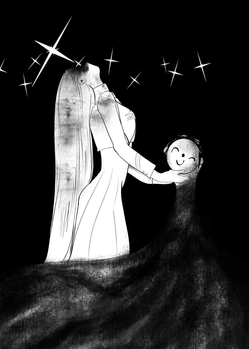 1boy, 1girl, absurdres, black_background, blue_archive, breasts, doodle_sensei_(blue_archive), dress, from_side, general_student_council_president_(blue_archive), greyscale, head_back, highres, kaneda_ichi_(kusamoeta), long_hair, medium_breasts, monochrome, neon_genesis_evangelion, parody, scene_reference, sensei_(blue_archive), simple_background, the_end_of_evangelion, very_long_hair