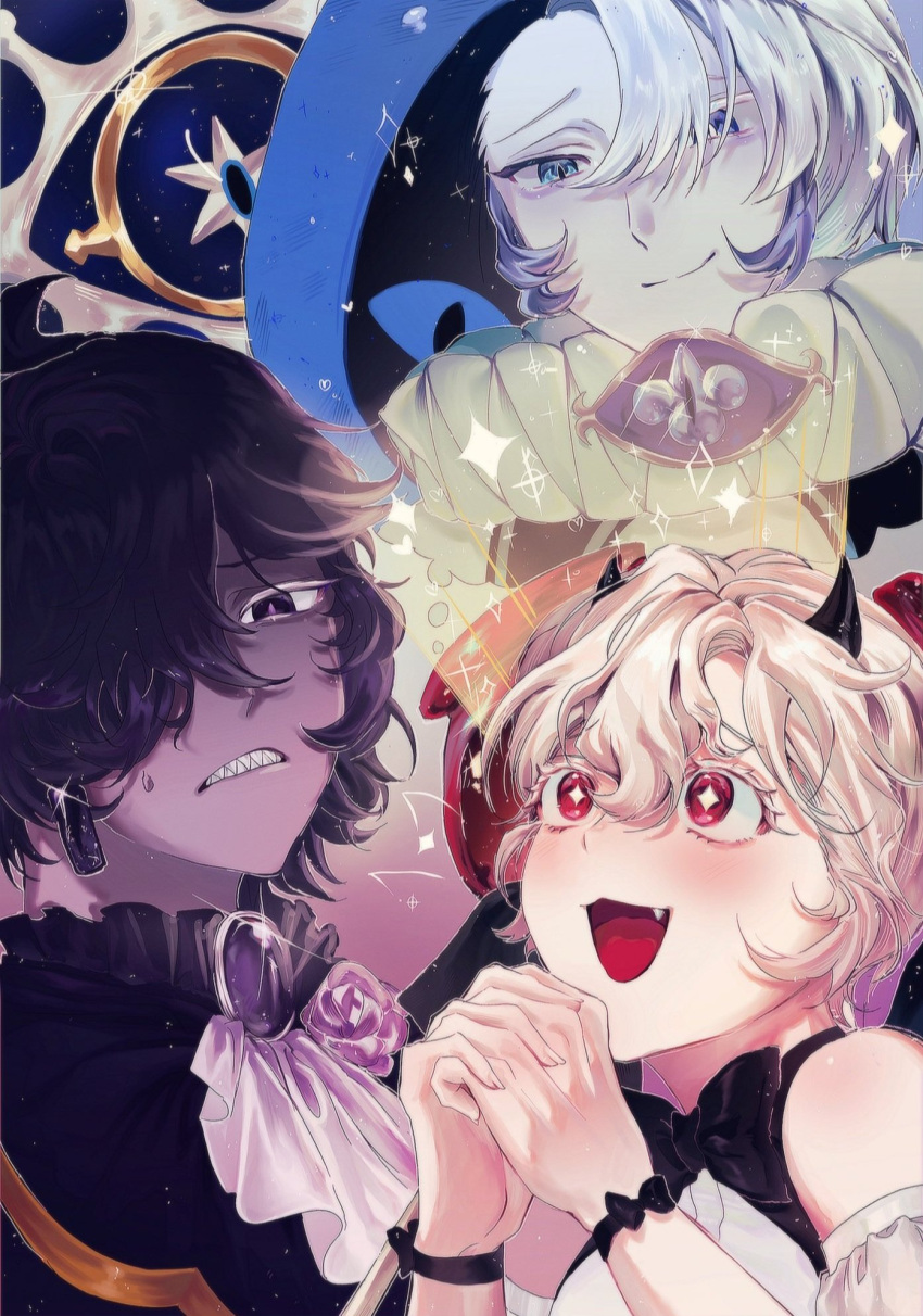 1girl, 2boys, apple_hair_ornament, asymmetrical_eyelashes, bare_shoulders, black_bow, black_bowtie, black_sapphire_cookie