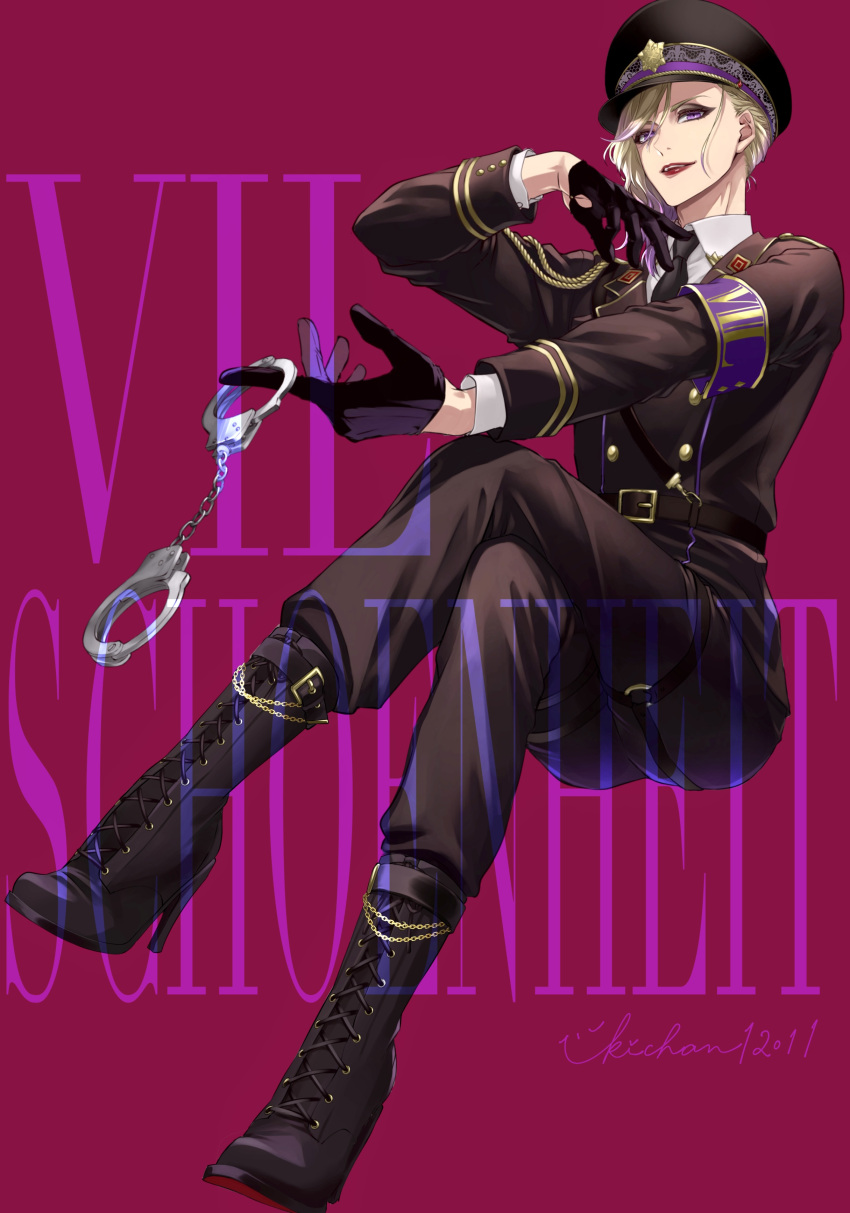 1boy, absurdres, aiguillette, black_gloves, blonde_hair, boots, character_name, crossed_legs, cuffs, gloves, gradient_hair, handcuffs, hat, highres, holding, holding_handcuffs, invisible_chair, looking_at_viewer, male_focus, multicolored_hair, peaked_cap, pink_background, purple_hair, short_hair, simple_background, sitting, solo, twisted_wonderland, ukichan12011, vil_schoenheit, violet_eyes
