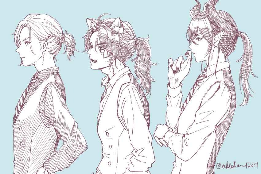3boys, animal_ears, blue_background, commentary_request, dragon_boy, dragon_horns, highres, horns, leona_kingscholar, lion_boy, lion_ears, looking_at_viewer, male_focus, malleus_draconia, multiple_boys, night_raven_college_uniform, pointy_ears, ponytail, short_ponytail, simple_background, twisted_wonderland, ukichan12011, vil_schoenheit